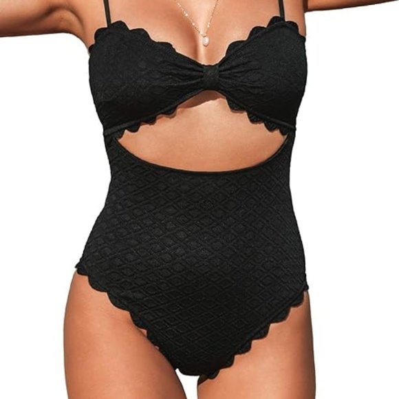 Cupshe Other - CUPSHE Women's One Piece Swimsuit Dize L Black Cutout Scallop Trim Bathing Suit